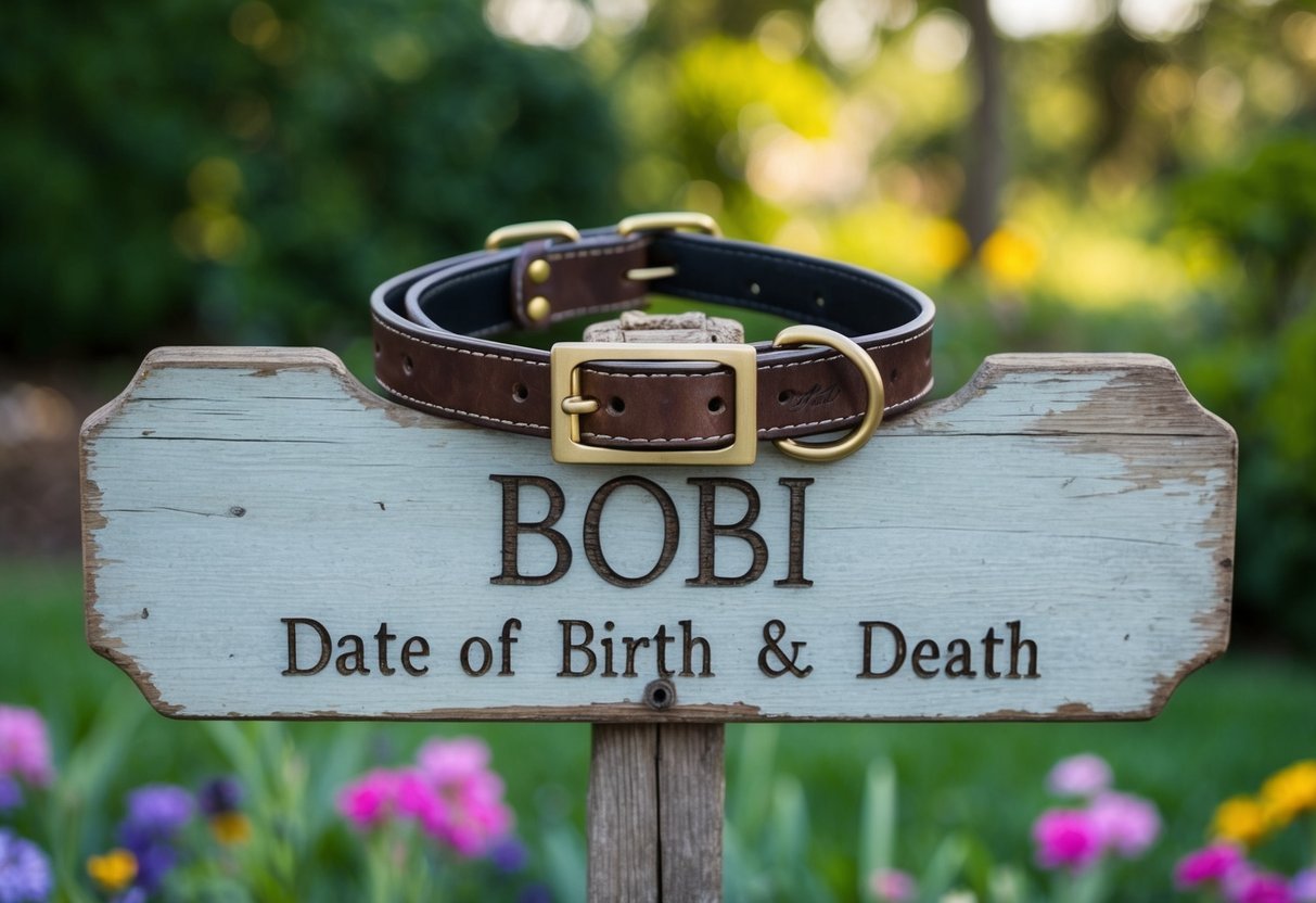 A worn dog collar with the name "Bobi" and the date of birth and death engraved on a weathered wooden sign in a peaceful garden