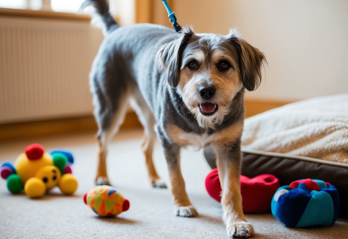 A 10-year-old dog with graying fur and cloudy eyes, walking with a slight limp, surrounded by toys and a comfortable bed
