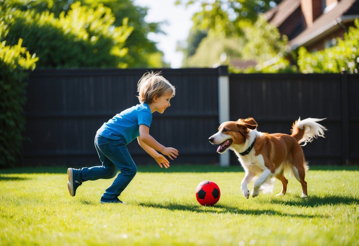 A child playing fetch with a lively dog in a sunny backyard