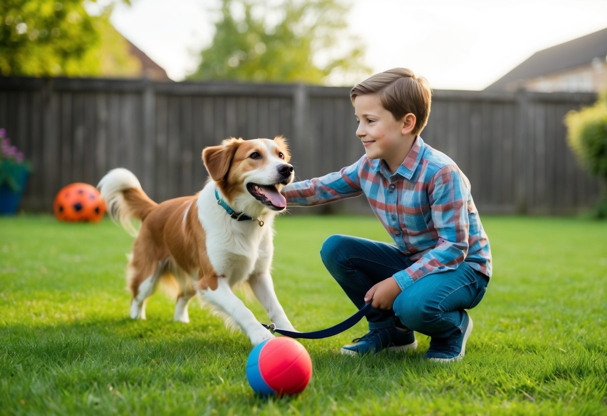A happy dog playing with an 11-year-old in a backyard, with a ball and a leash nearby