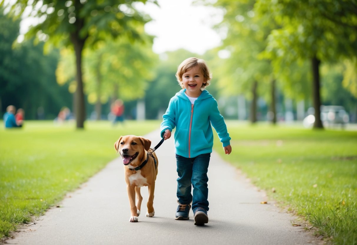 A child walking a happy dog in a park