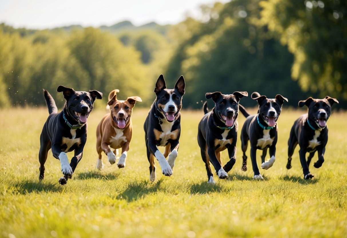 A pack of energetic boy dogs playfully chasing each other in a sun-drenched meadow, each responding to their unique names