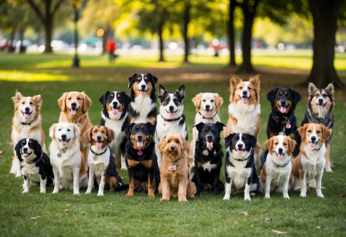 A group of 100 girl dogs of various breeds and sizes are gathered in a park, each responding to their unique name when called