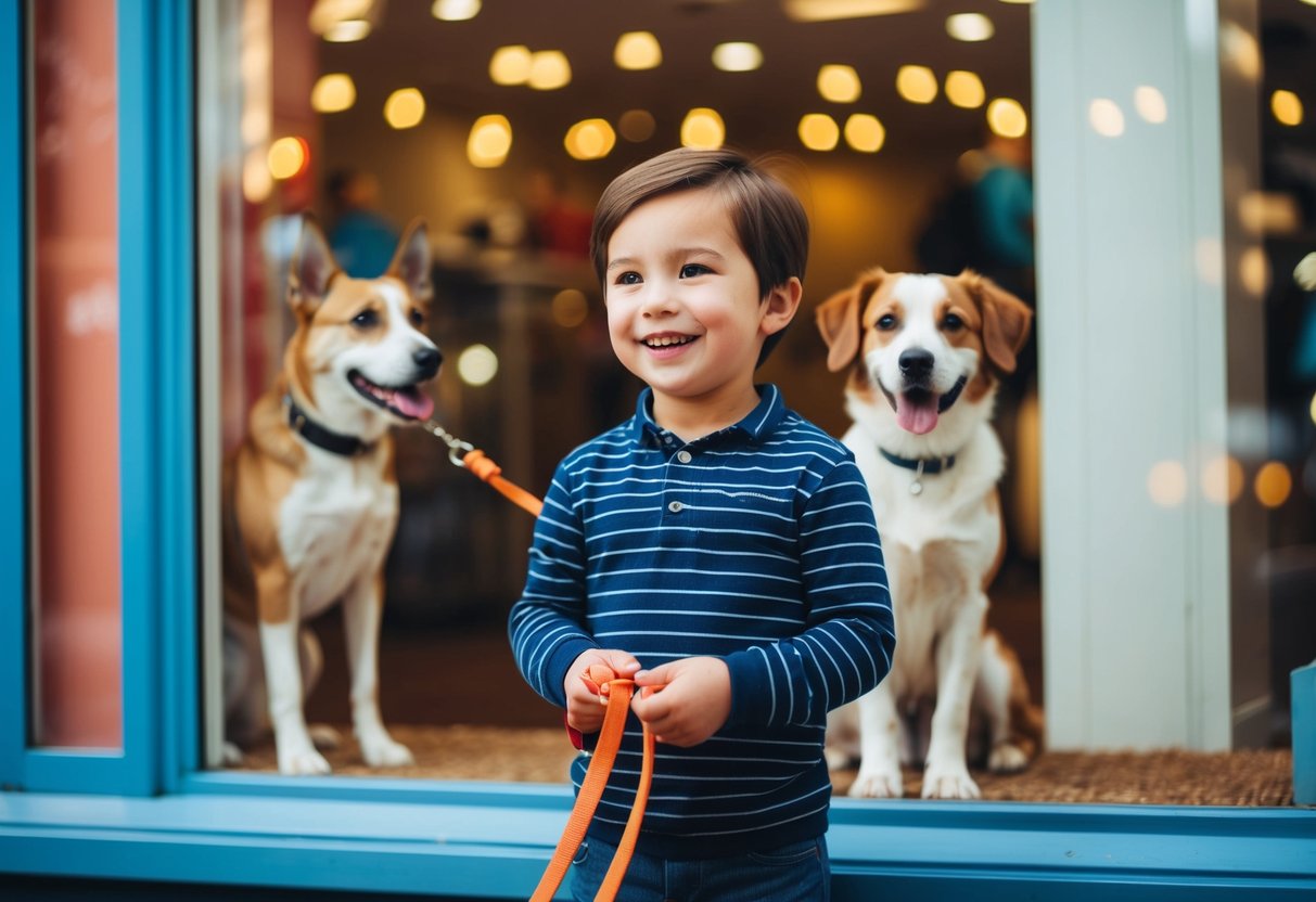 A child holding a leash, smiling at a dog in a pet store window