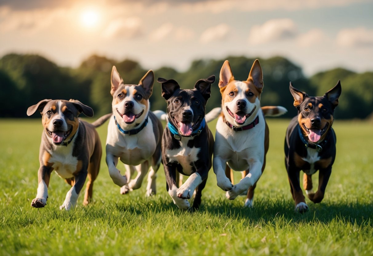 A group of playful boy dogs with unique names, running in a grassy field under a sunny sky