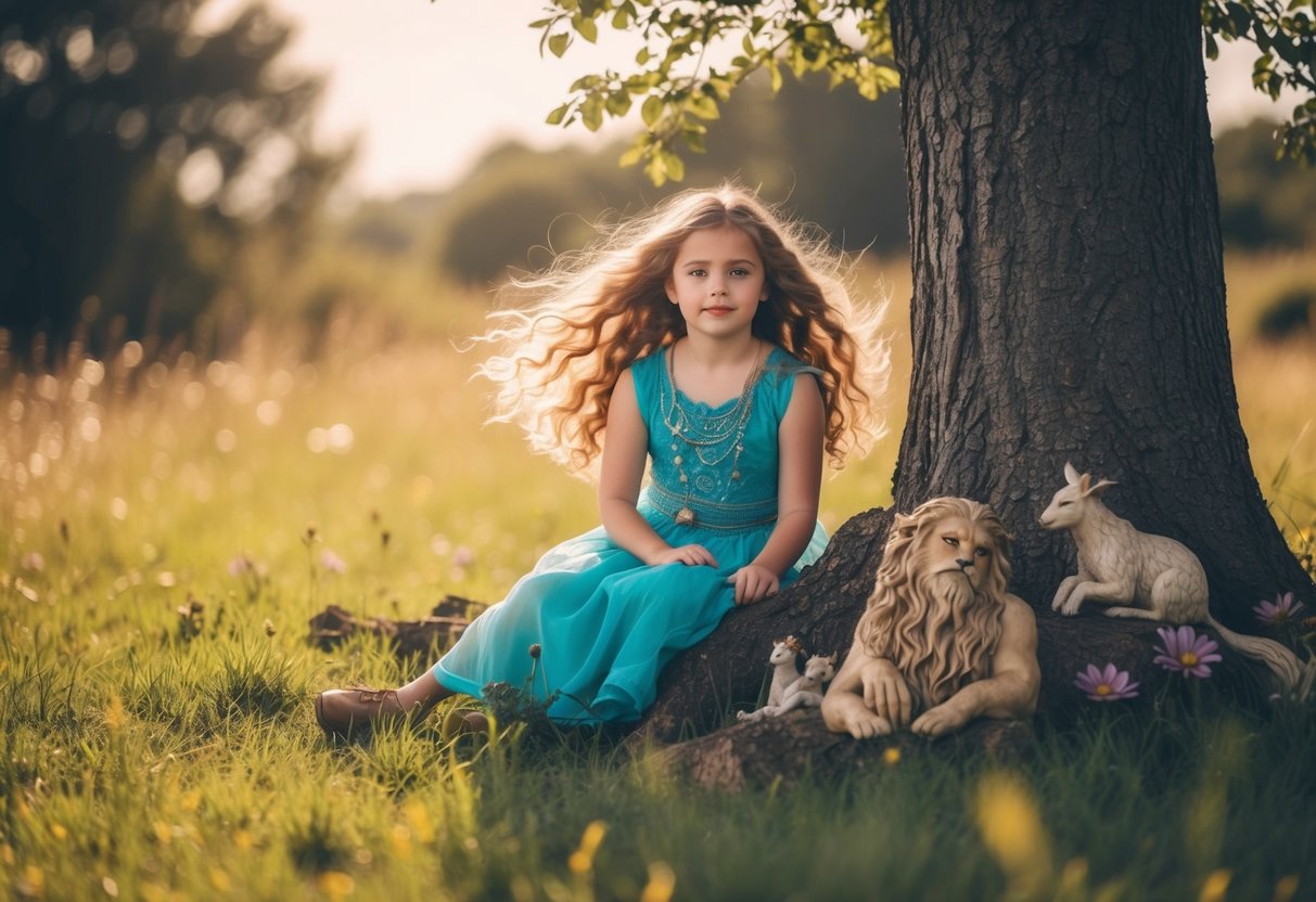 A young girl with flowing hair sits under a tree surrounded by mythical creatures and natural elements