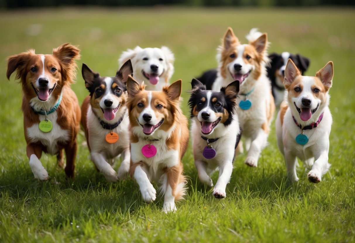 A colorful array of playful girl dogs, each with a unique name tag, frolicking in a grassy meadow