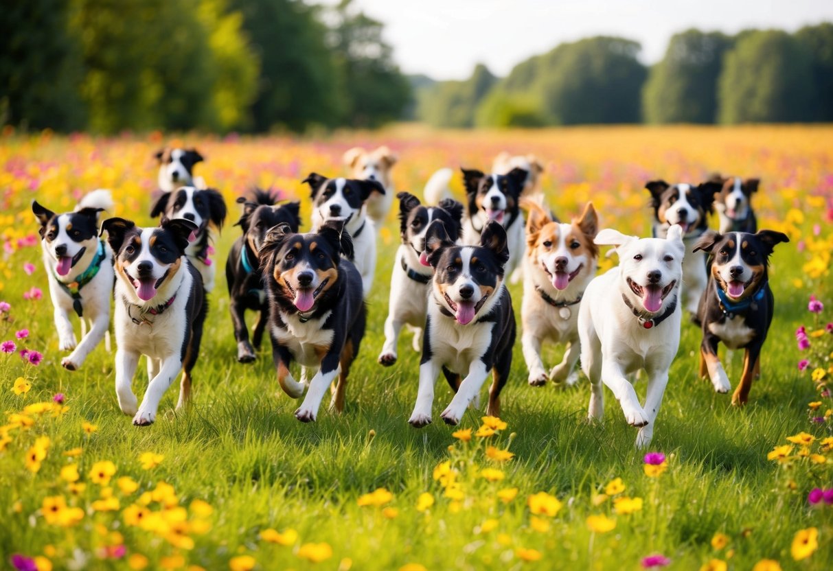 A pack of 100 girl dogs, each with a name from pop culture and fiction, playfully romp through a vibrant meadow
