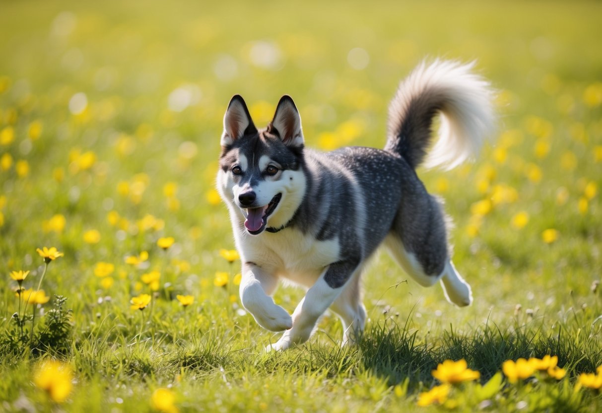A happy Laika running through a sunlit meadow with a wagging tail