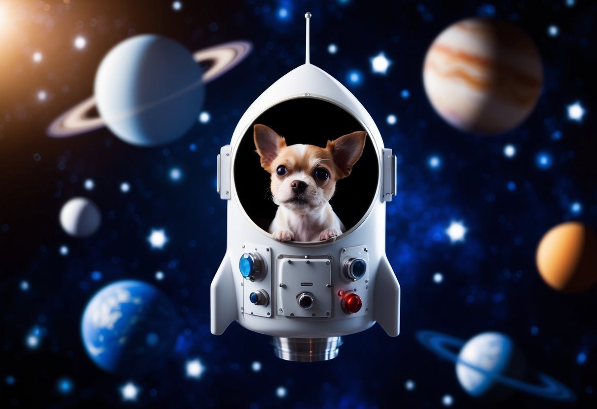 A small dog in a space capsule, surrounded by stars and planets