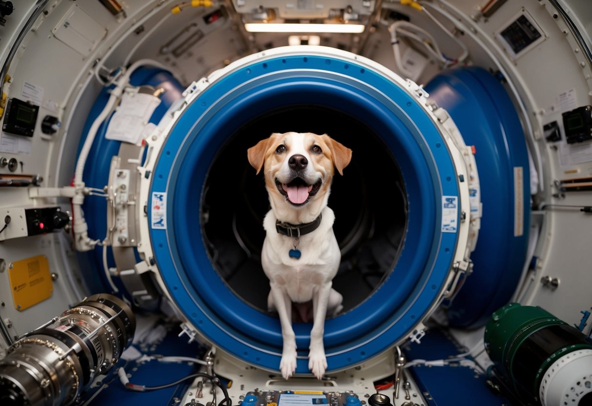 A happy dog with a wagging tail sits in a space capsule surrounded by scientific equipment and instruments. The dog looks content and ready for the mission
