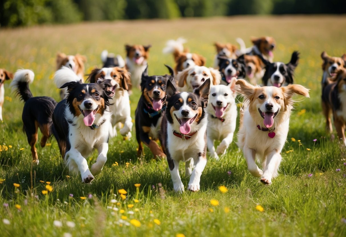 A pack of 100 dog girls frolicking in a sunlit meadow, tails wagging and tongues lolling, with various breeds and colors