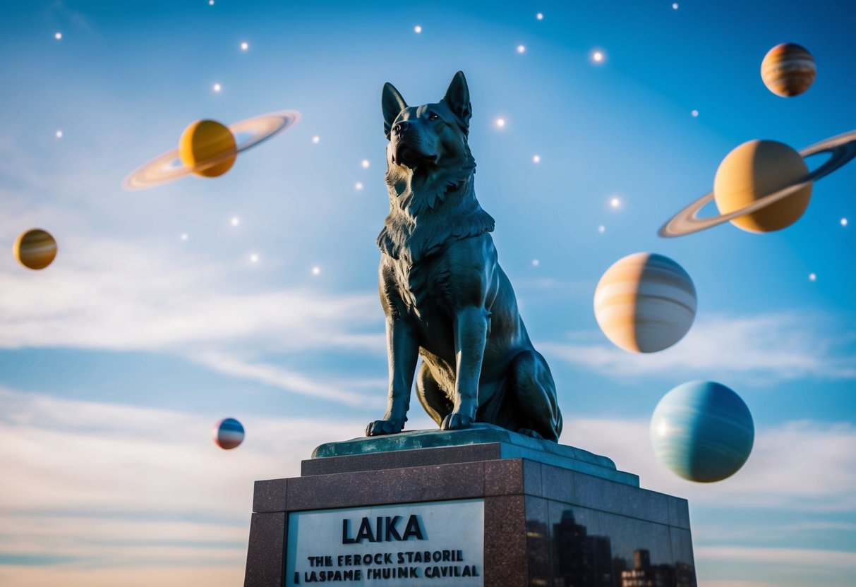 A statue of Laika stands proudly, surrounded by stars and planets. The dog's brave and loyal spirit is captured in the monument's expression