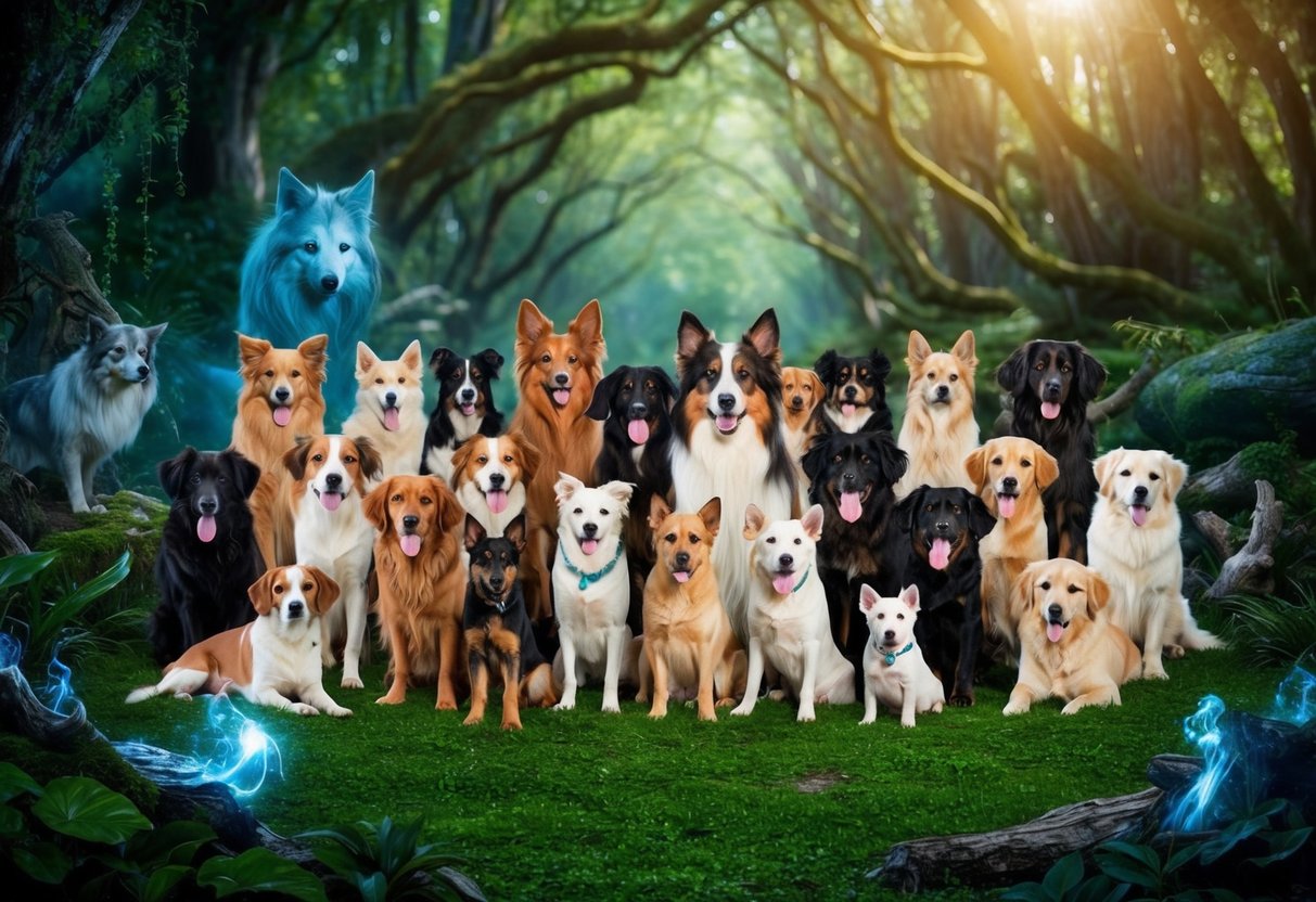 A lush, enchanted forest with 100 female dogs of various breeds, surrounded by natural elements and mythical creatures