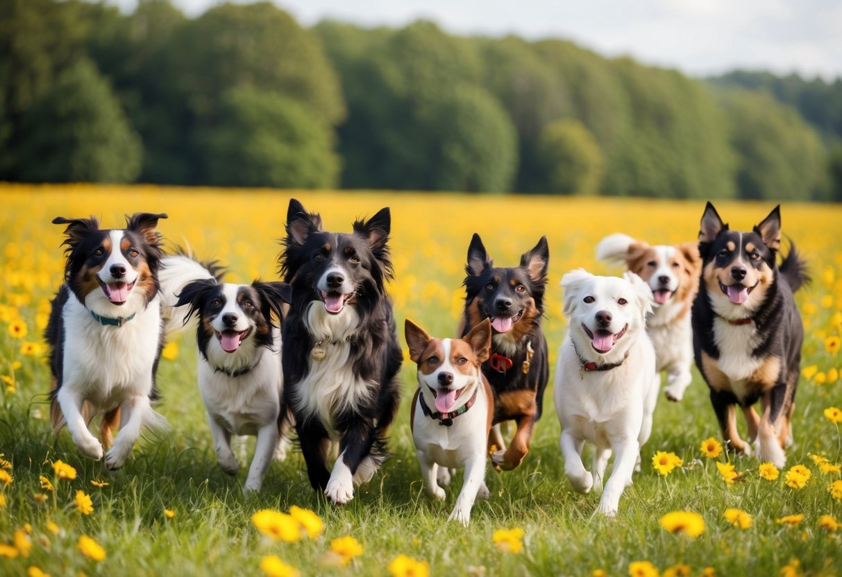 A group of 100 diverse and playful dog girls of various breeds and sizes, each with a unique and uncommon name, frolicking in a vibrant meadow