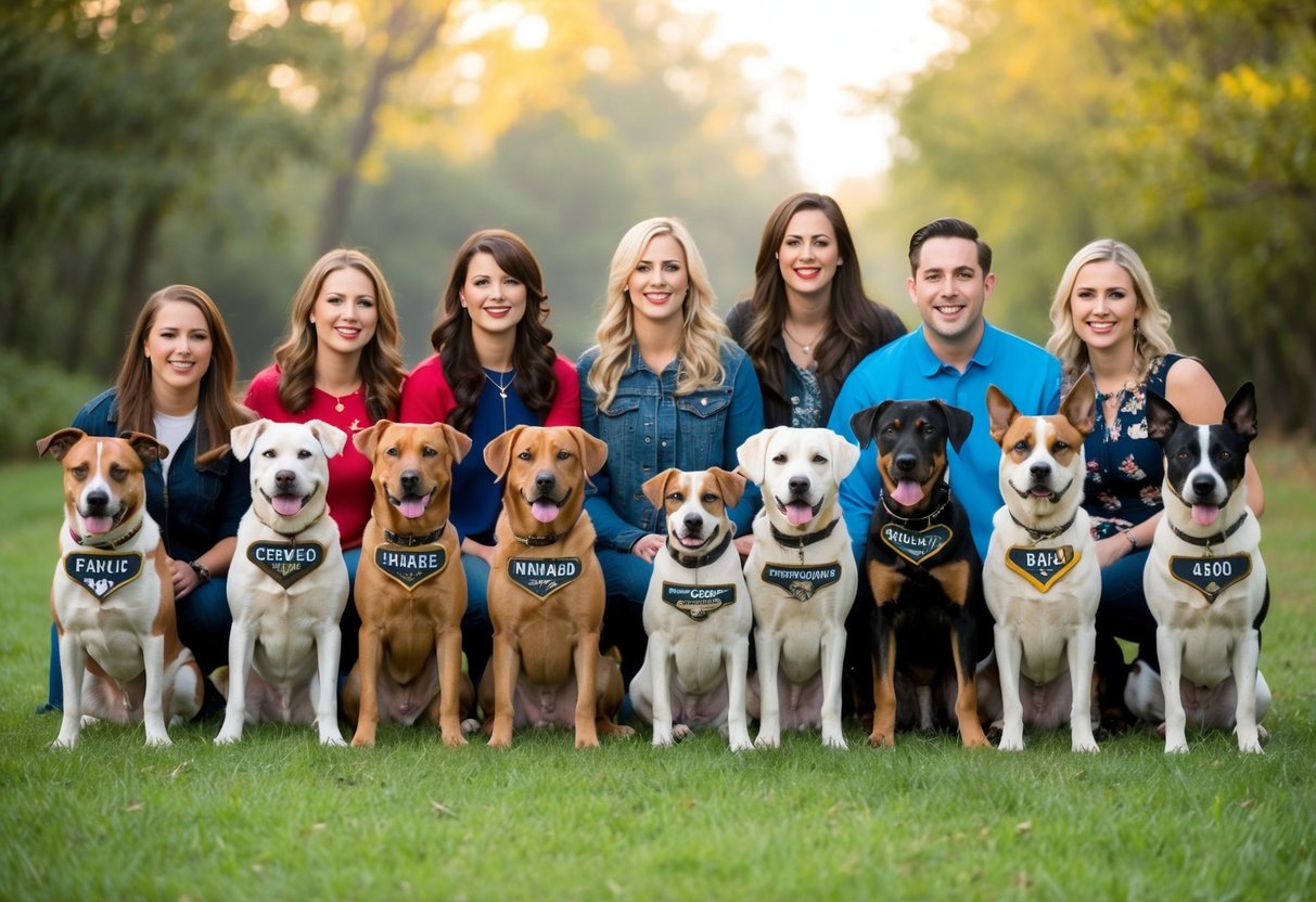 A group of 100 dogs, each with a unique pop culture or celebrity-inspired name, sitting in a row with their owners