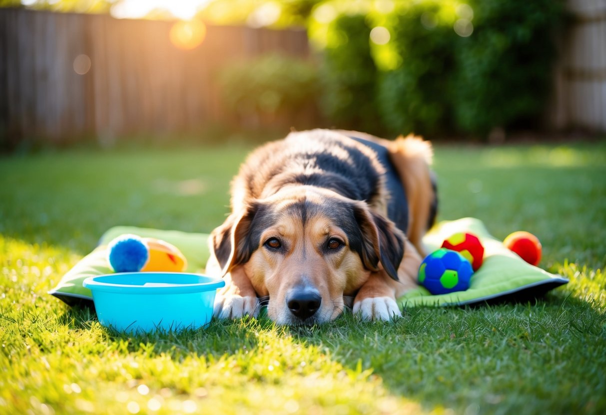 An older dog resting in a sunny backyard, surrounded by toys and a water bowl