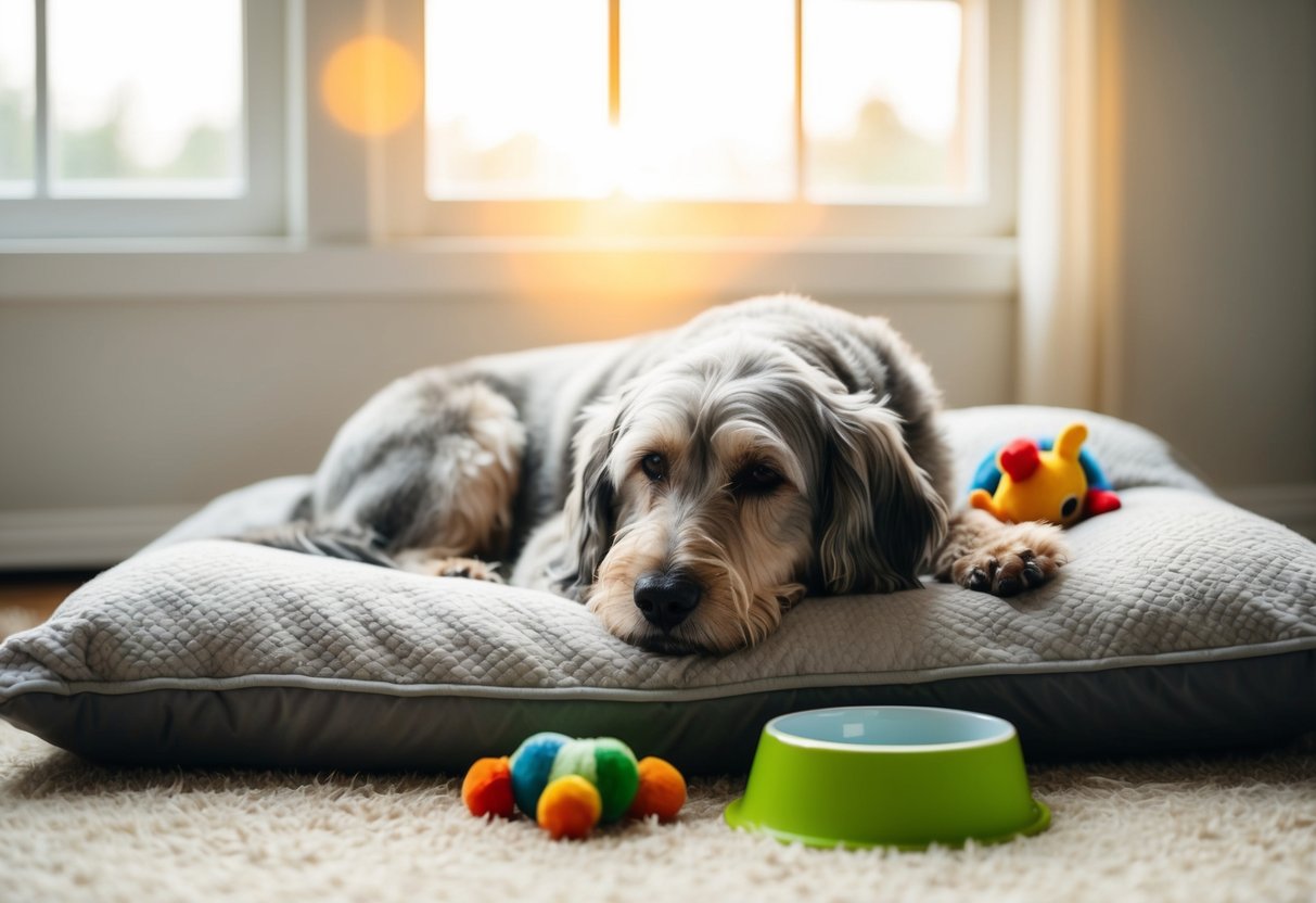 A senior dog, with graying fur, rests on a cozy bed surrounded by toys and a water bowl. The sun streams in through a window, casting a warm glow on the peaceful scene