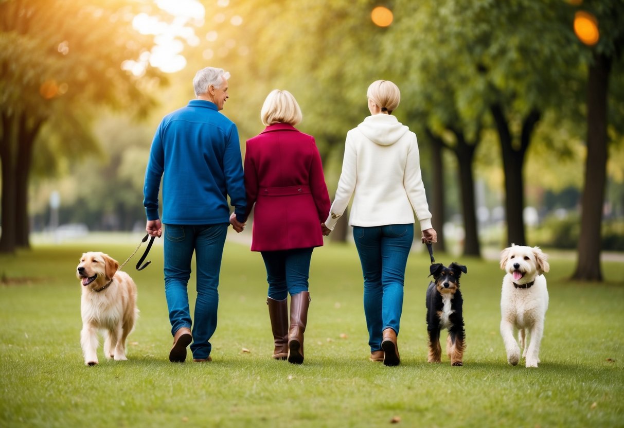 A family walking four popular dog breeds in a park