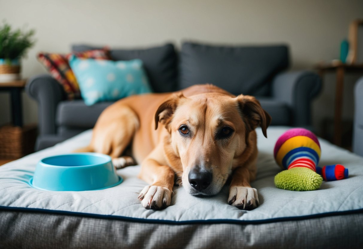 An older dog resting on a comfortable bed, surrounded by toys and a water bowl, with a gentle expression on its face