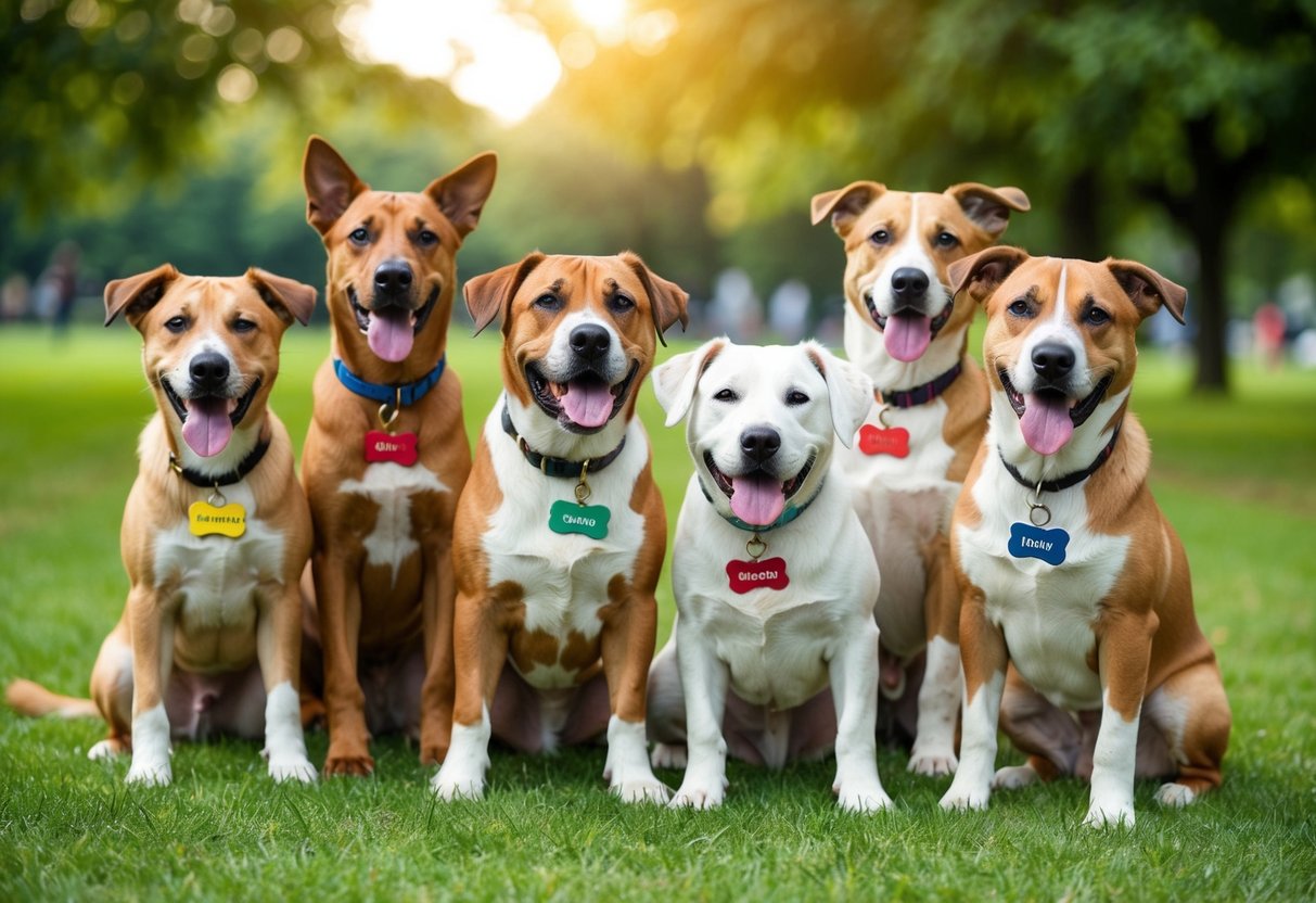 A group of playful boy dogs, each with a unique name tag, gather in a park setting