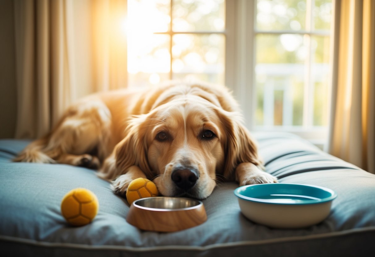A senior dog lying on a soft bed, surrounded by toys and a bowl of water. The sun gently streams through the window, casting a warm glow on the contented canine