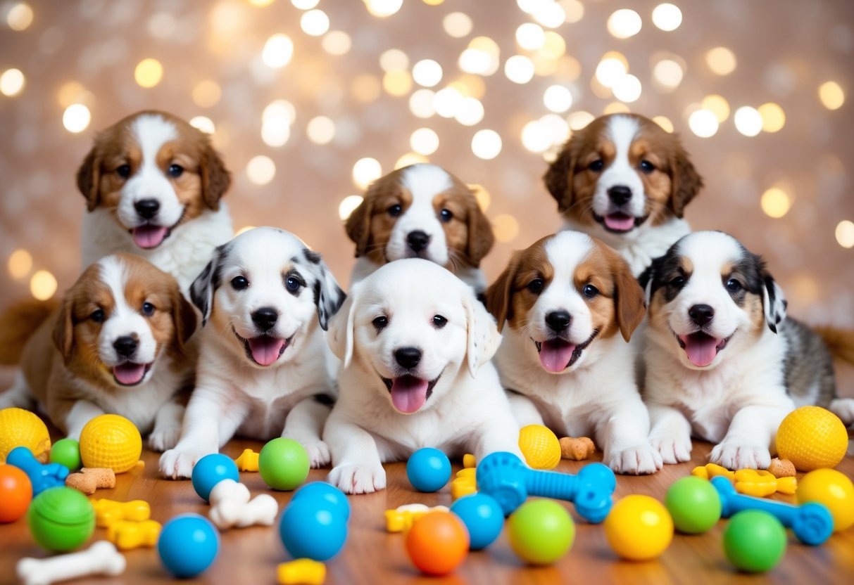 A group of playful puppies surrounded by a variety of toys and treats, each responding to one of the top 100 boy dog names