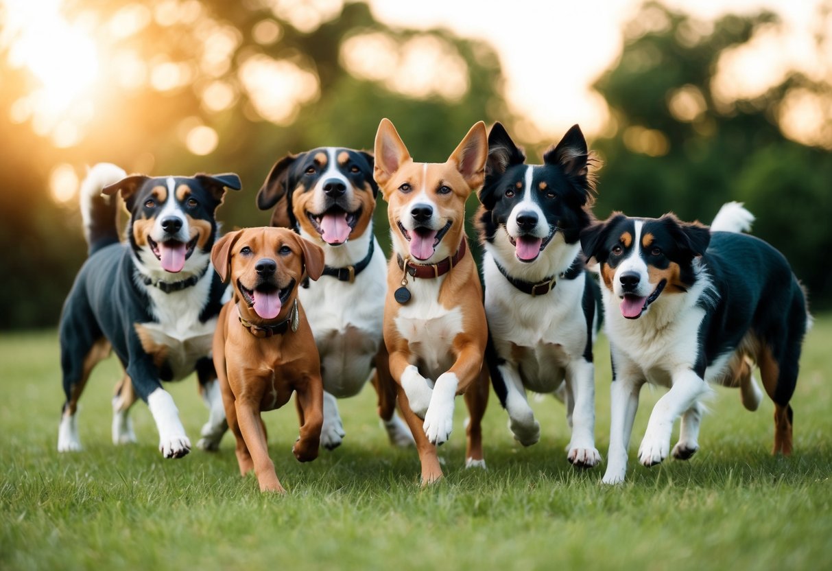 A group of playful dogs of various breeds, each responding to one of the top 100 boy dog names