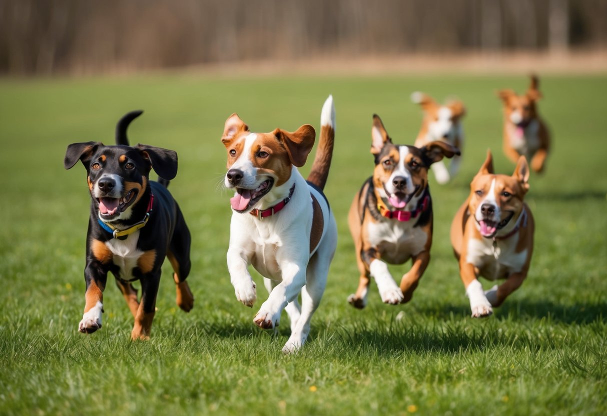 A group of playful boy dogs running in a grassy field, each responding to their unique names