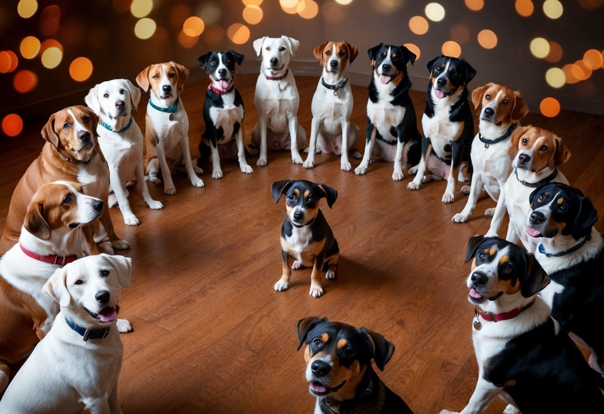 A group of 100 boy dogs sitting in a circle, each responding to their classic and timeless names with attentive expressions