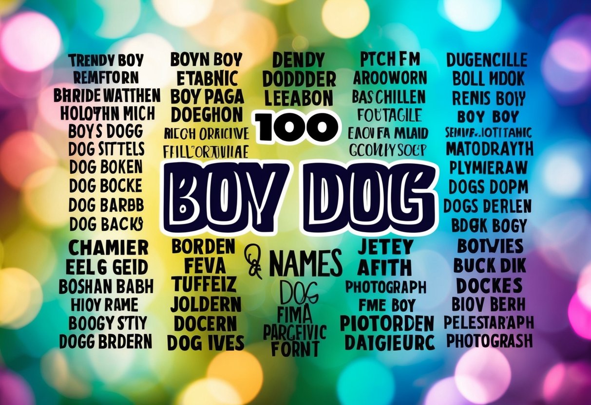 A group of 100 trendy and modern boy dog names displayed on a colorful and stylish background, with each name written in a unique and eye-catching font