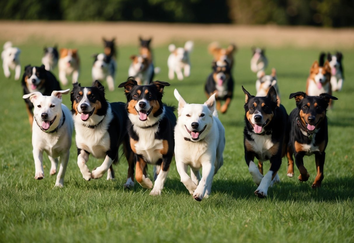 A pack of 100 dogs, each with a unique and uncommon name, playing in a grassy field