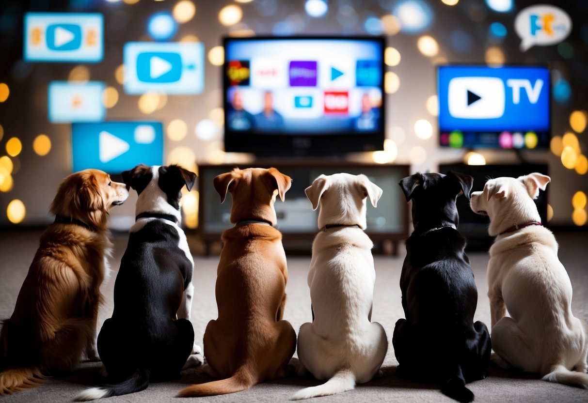A diverse group of dogs watching TV, surrounded by cultural symbols, with various media sources playing in the background