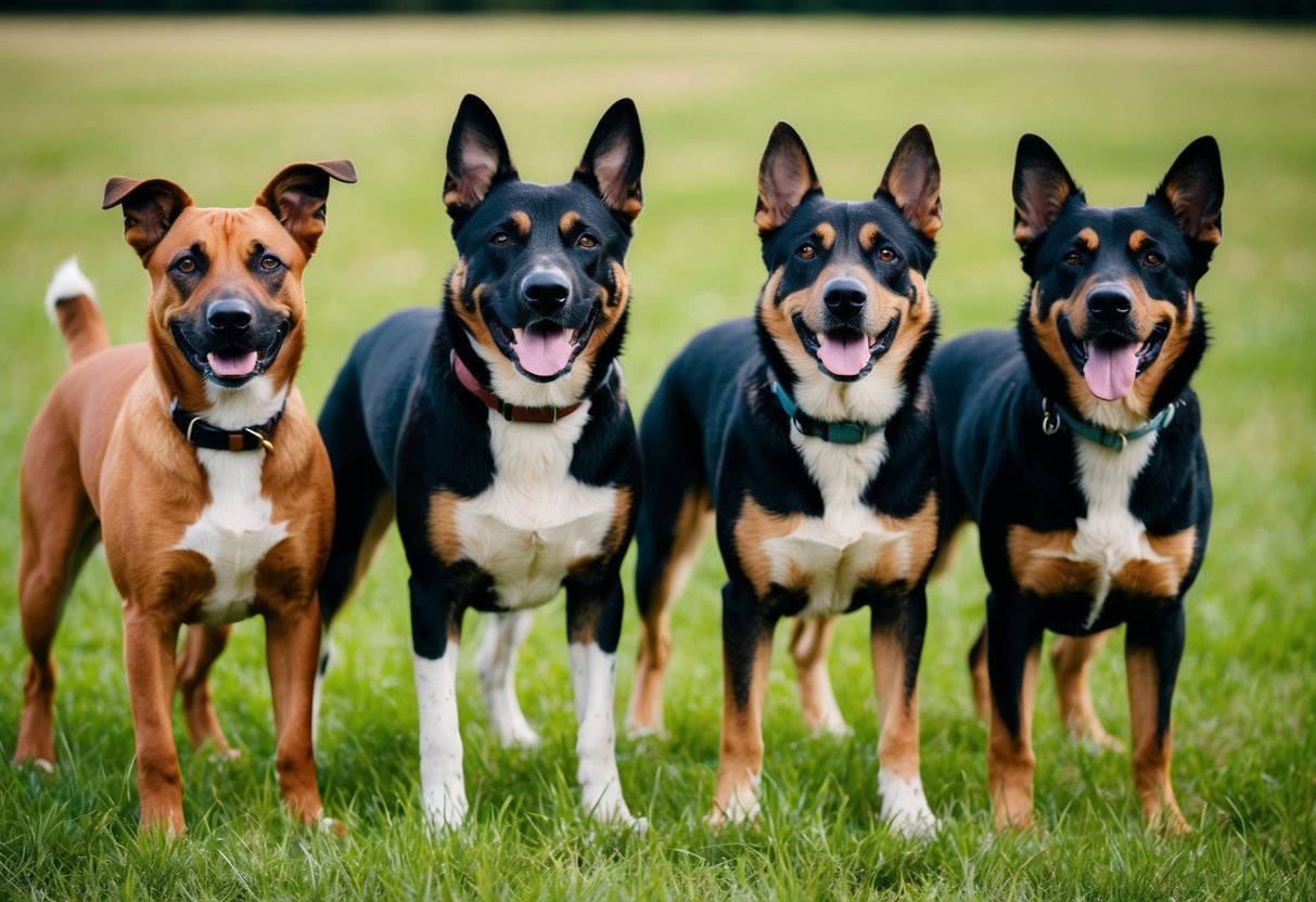 Four dogs of different breeds standing side by side on a grassy field, looking alert with their ears perked up