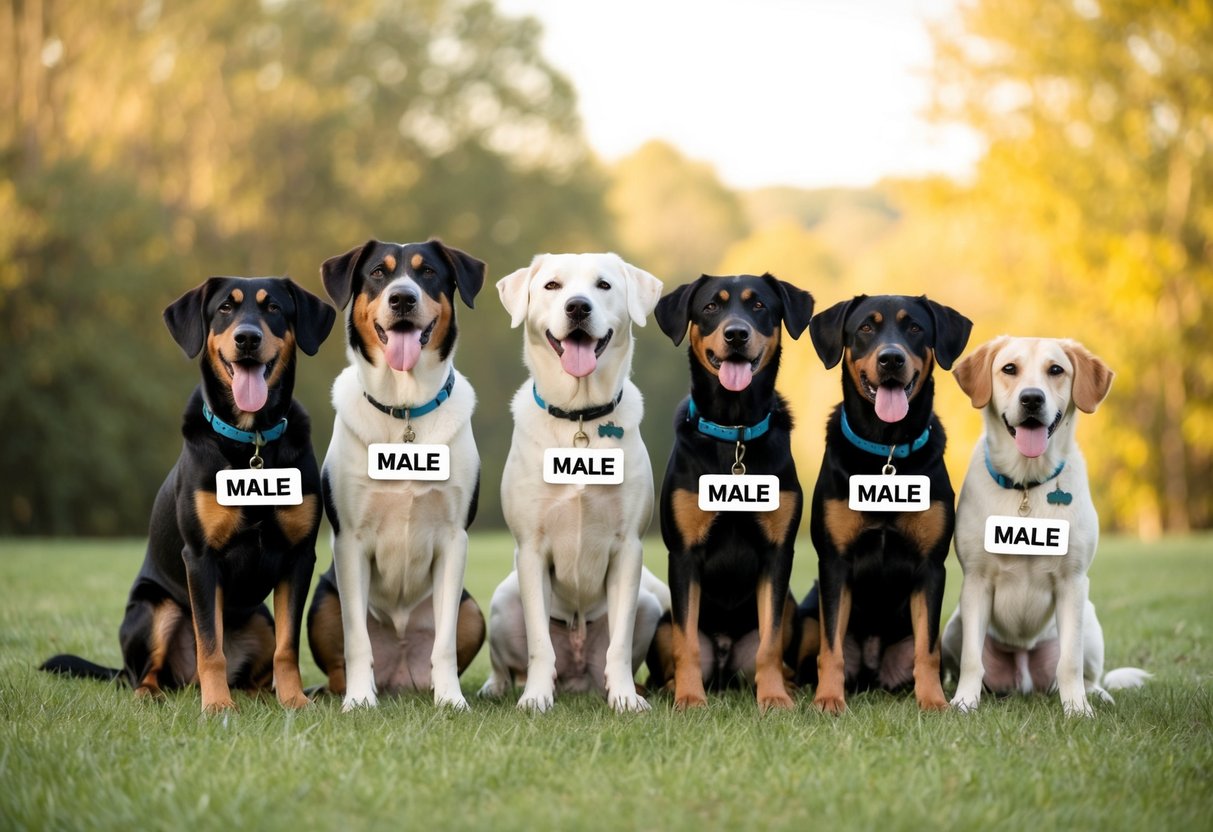A group of dogs sitting in a circle, each with a name tag displaying one of the top 100 male dog names