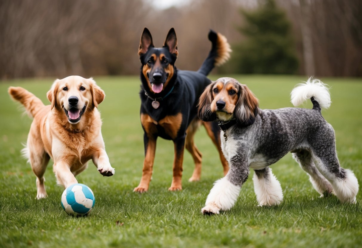A playful golden retriever chasing a ball, a loyal German shepherd standing guard, a curious beagle sniffing around, and a confident poodle strutting with a groomed coat