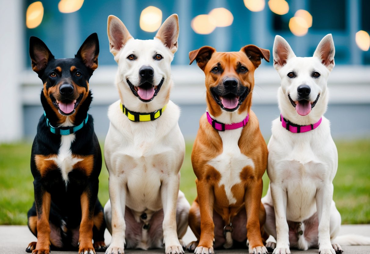 Four dogs of different breeds sitting side by side, each wearing a colorful collar. They appear healthy and well-groomed, with bright eyes and wagging tails