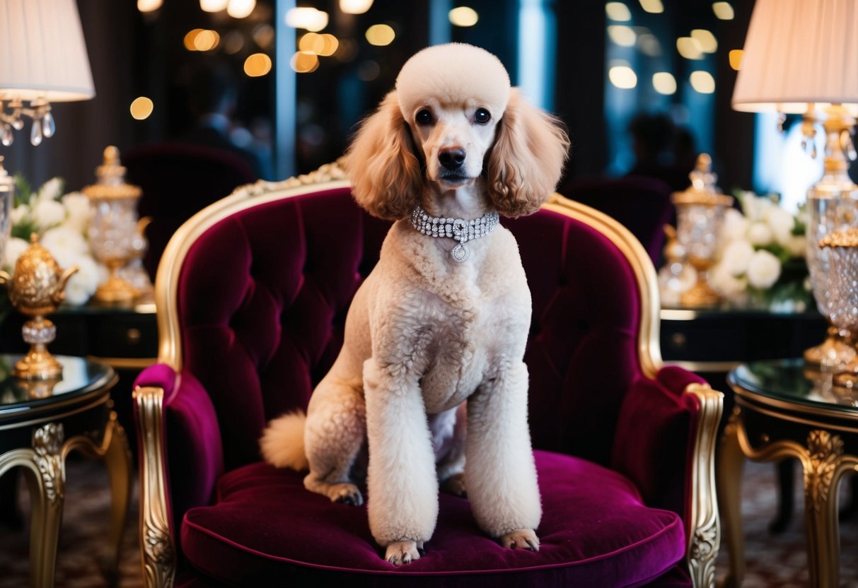 A luxurious poodle sitting on a velvet cushion, adorned with a diamond-studded collar, surrounded by opulent decor