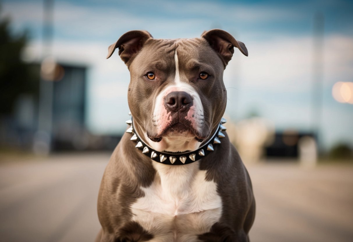 A muscular female pit bull with a spiked collar, standing confidently with a determined look in her eyes