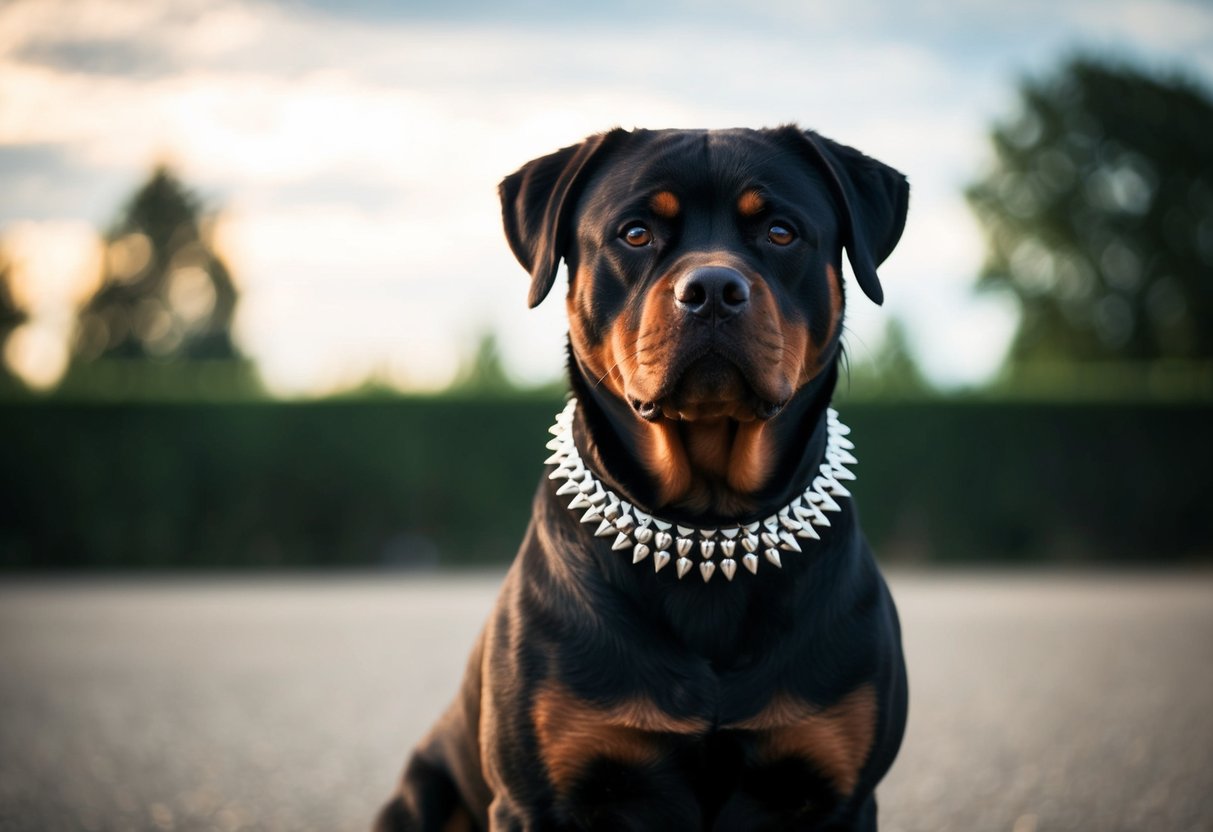 A muscular female Rottweiler stands proudly with a spiked collar, her intense gaze exuding strength and determination