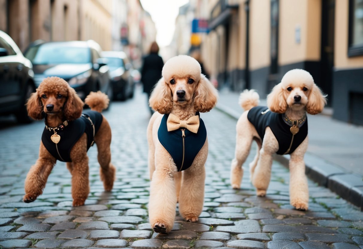 A pampered poodle struts down a cobblestone street, sporting a chic bowtie and designer collar. Other stylish dogs pass by, each with their own fashionable accessories