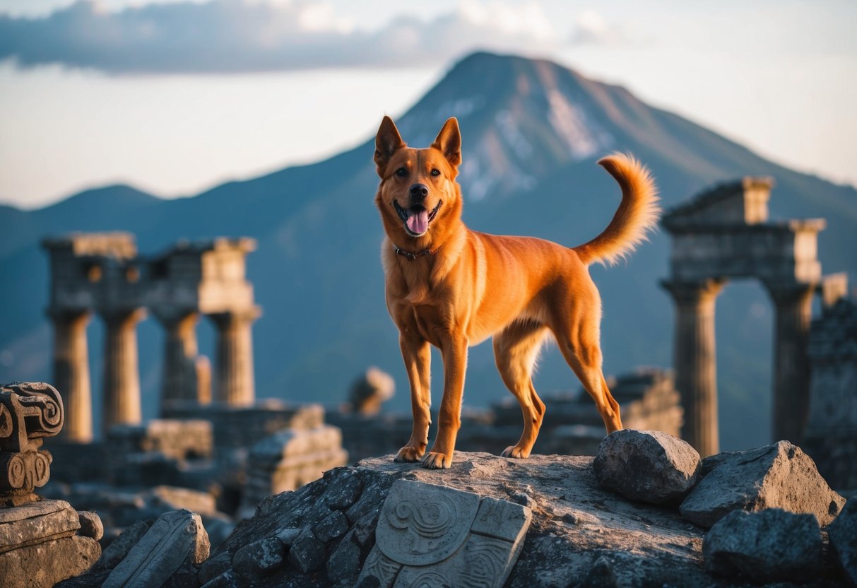 A fierce female dog stands proudly atop a mountain, surrounded by ancient ruins and mythological symbols