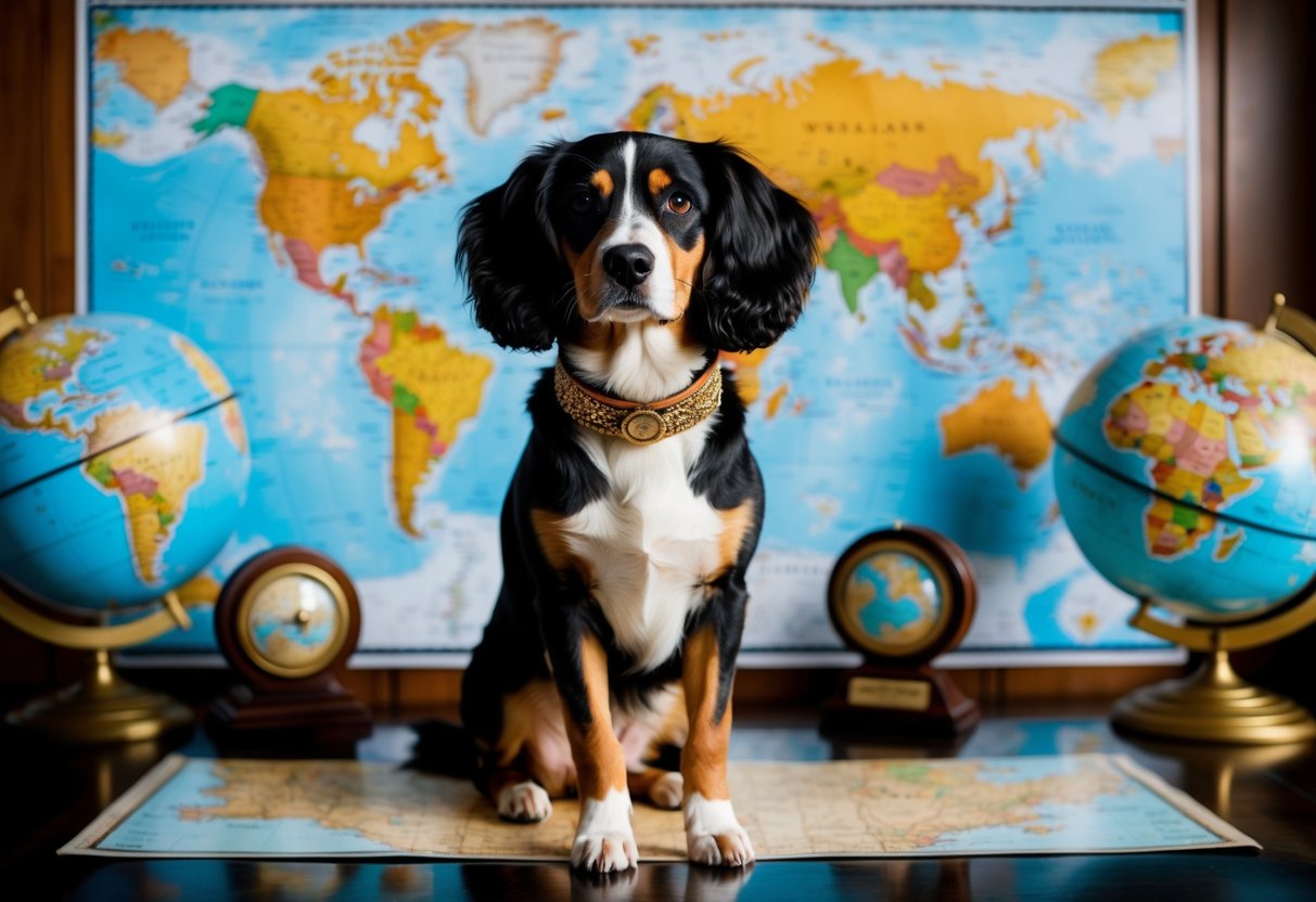 A regal-looking dog with a luxurious collar sits in front of a map of the world, surrounded by globes and travel-themed decor