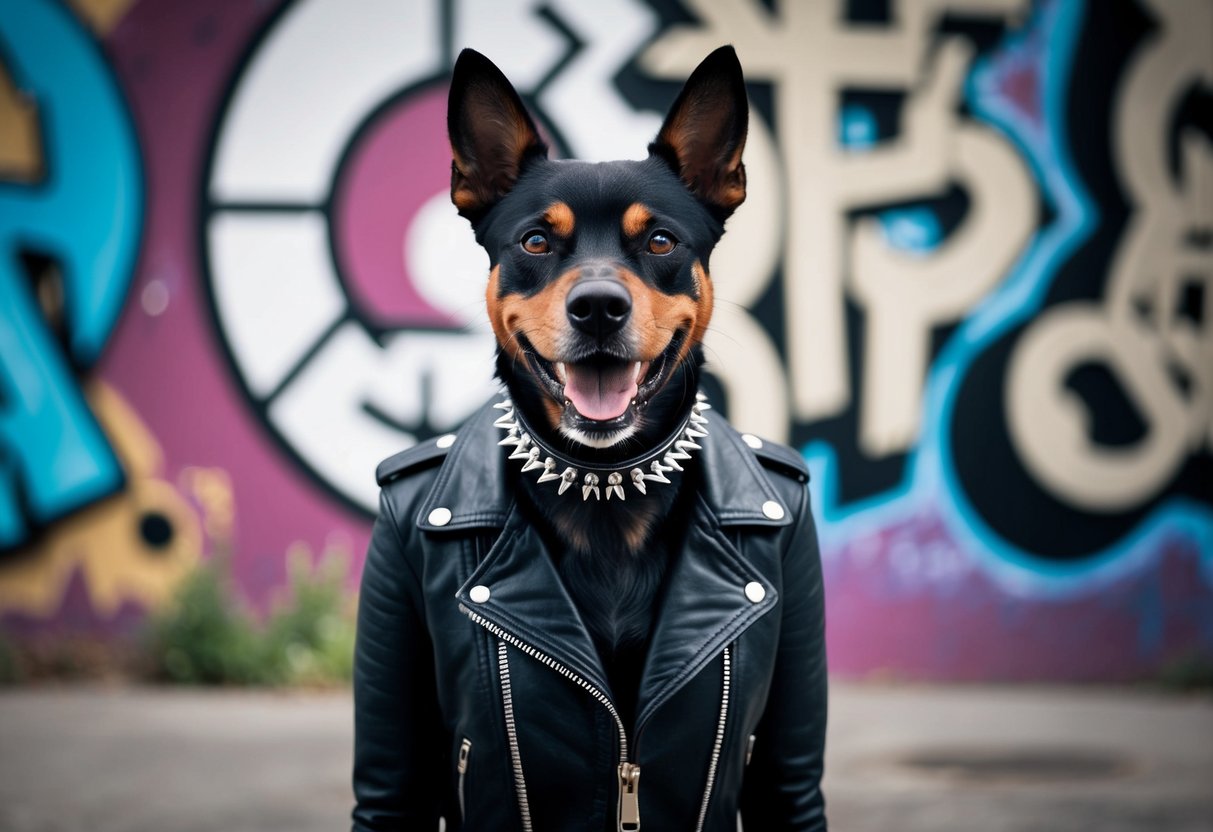 A fierce-looking female dog wearing a leather jacket and spiked collar, standing in front of a graffiti-covered wall with iconic pop culture symbols