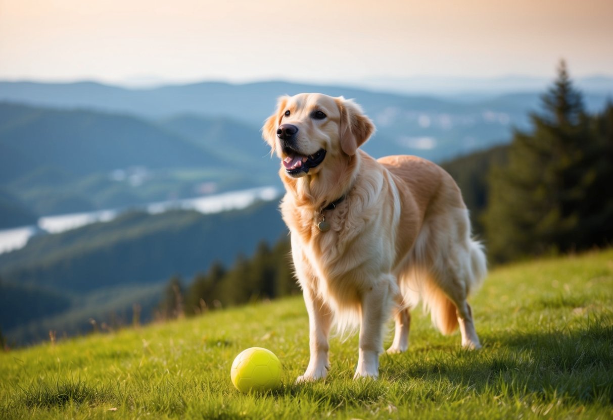 A golden retriever stands on a grassy hill, with a ball in its mouth, looking eagerly at its owner