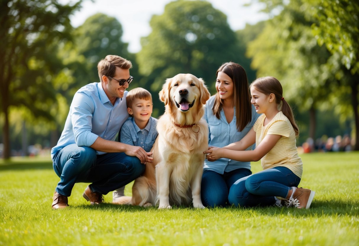 A golden retriever sitting next to a family, playing in a grassy park on a sunny day