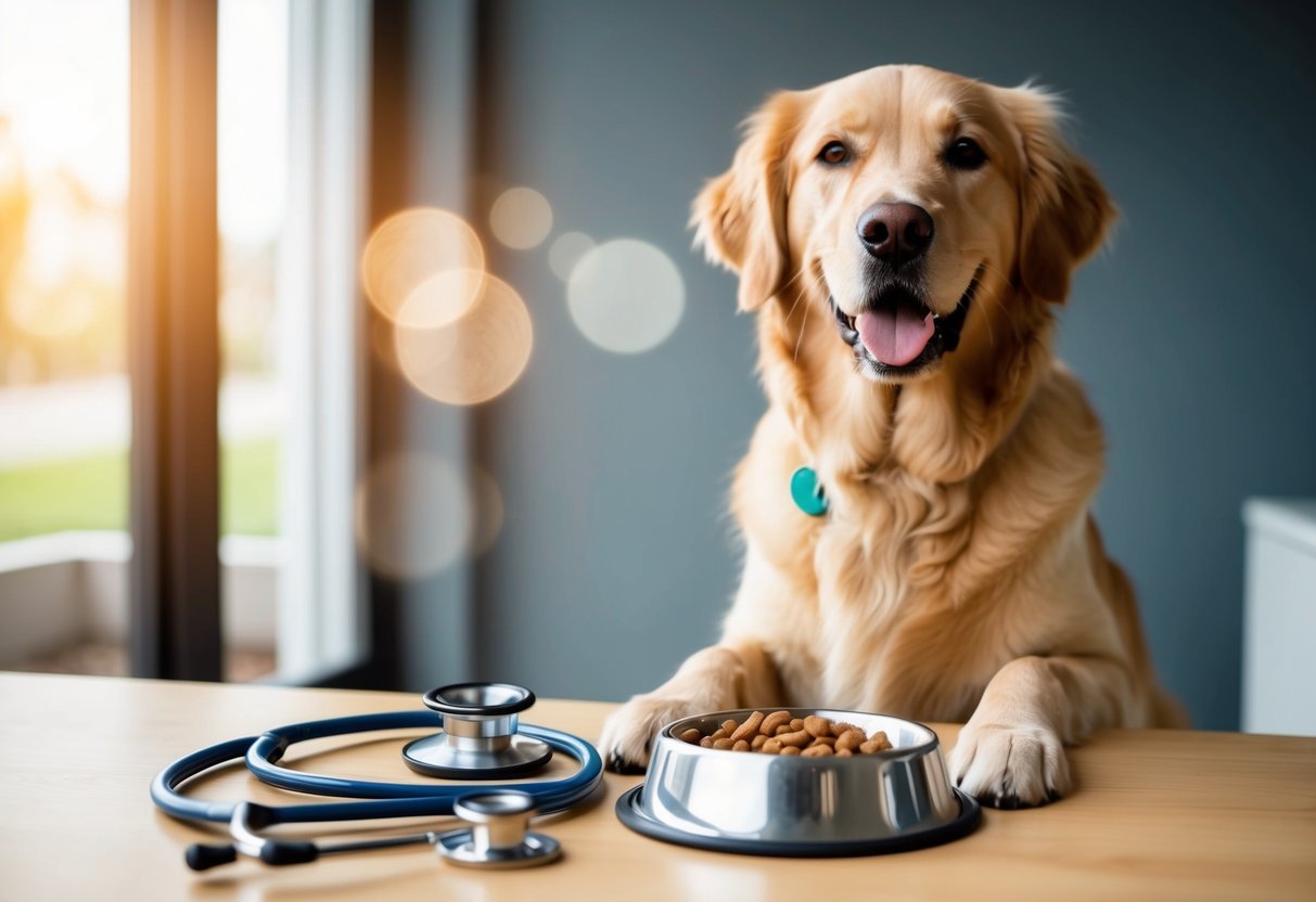 A golden retriever sitting next to a stethoscope and a bowl of dog food
