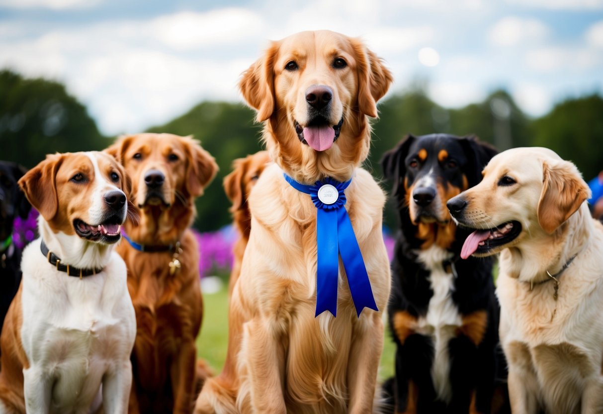 A golden retriever standing proudly with a blue ribbon around its neck, surrounded by other dogs of various breeds