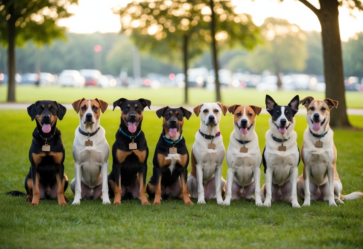 A group of ten dogs of various breeds, each with a name tag, sitting in a circle in a park