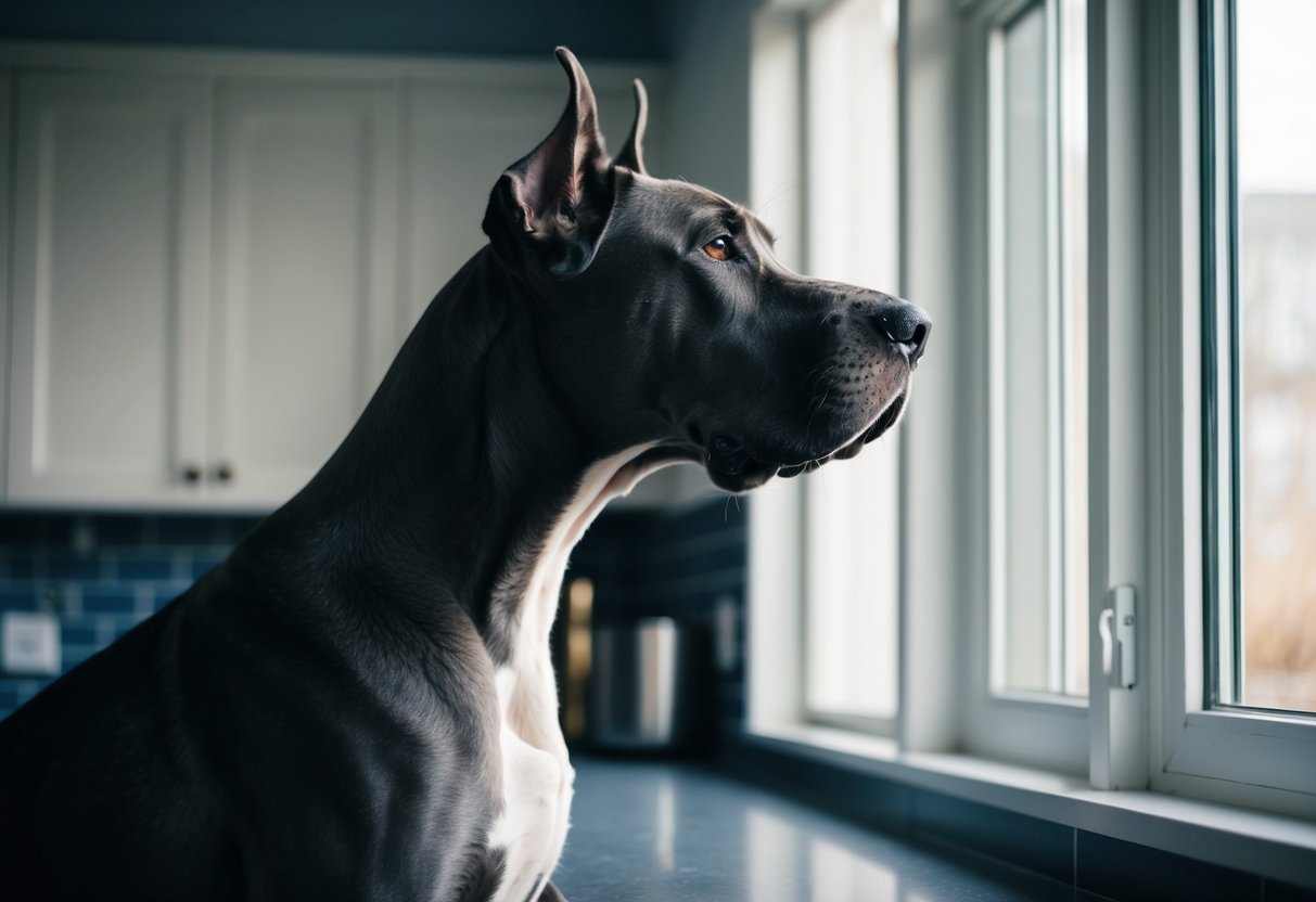 A Great Dane stands tall, its head reaching above a counter, as it gazes out a window with a regal expression